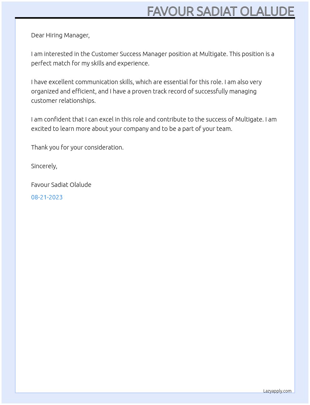 Customer Sucess Manager At Multigate  Cover Letter
