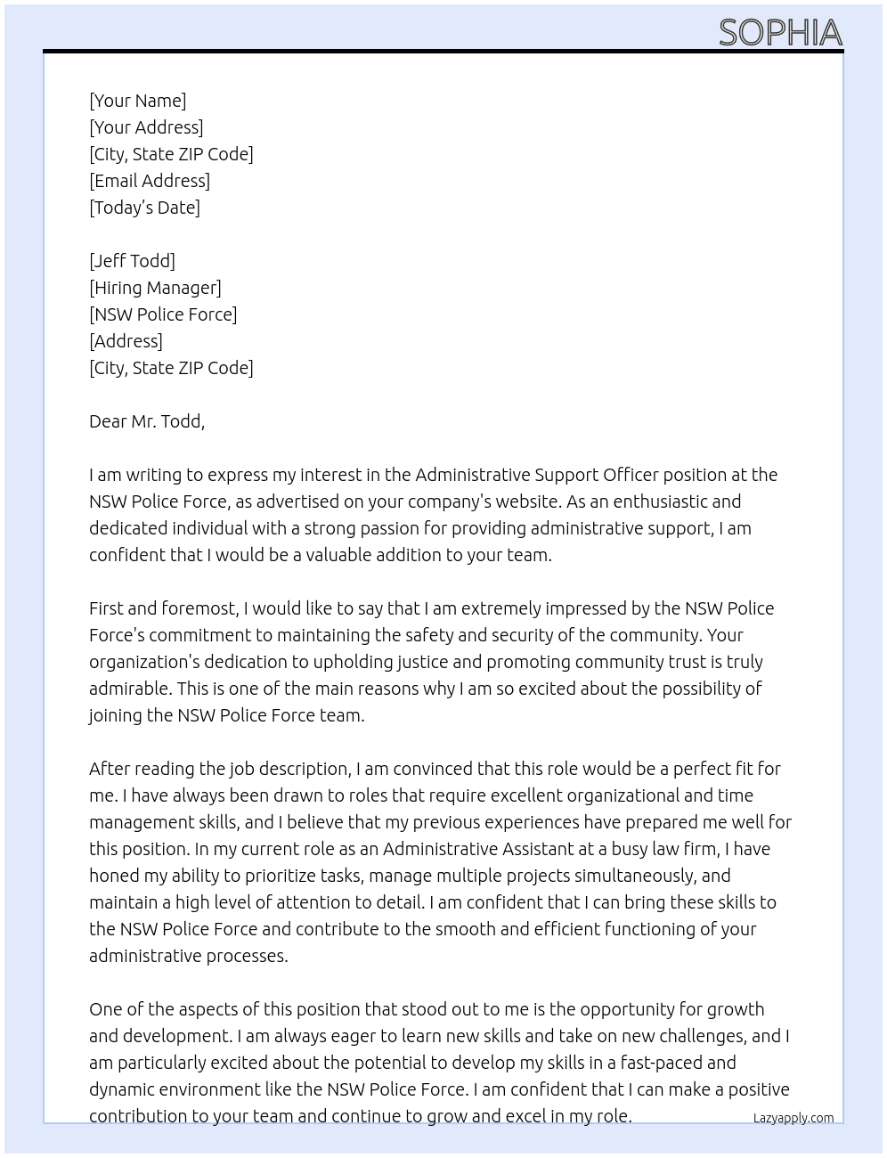 Administrative Support Officer At NSW Police Force Cover Letter