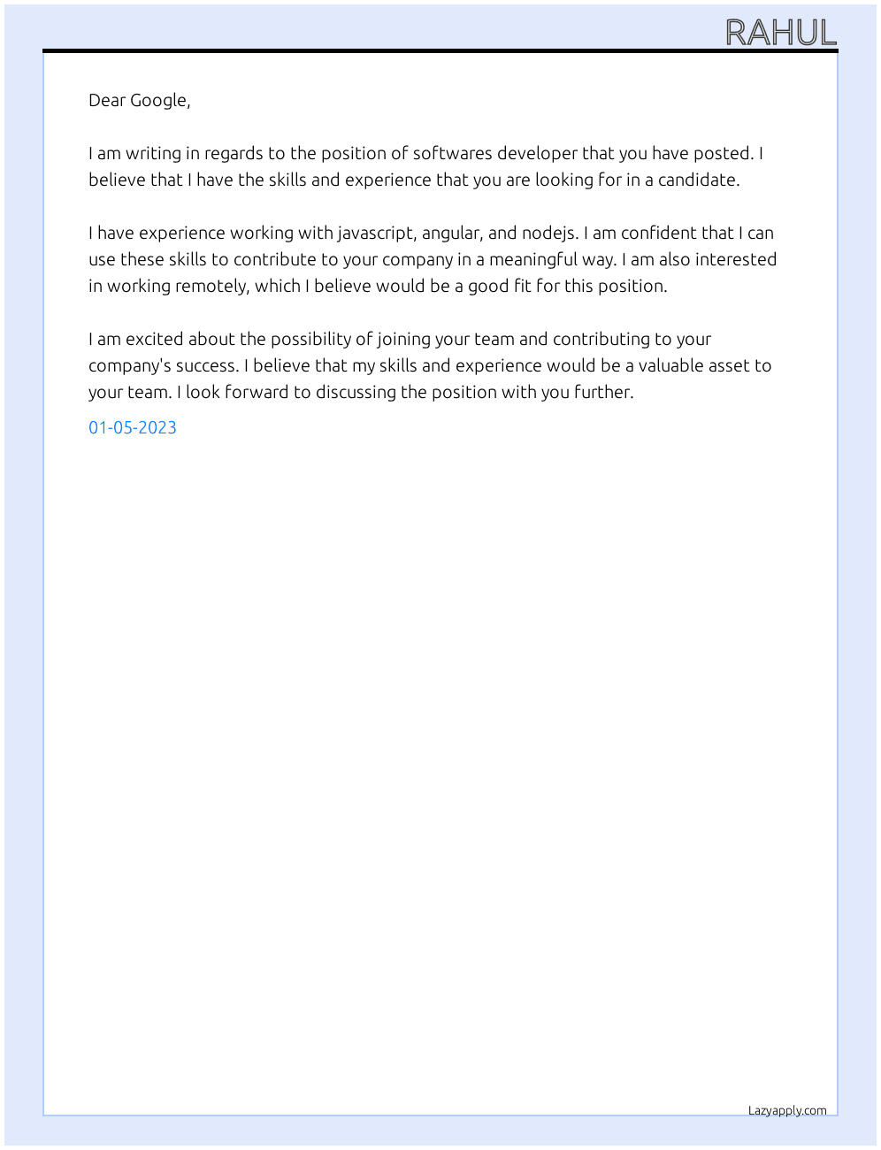 Cover letter for softwares developer - LazyApply