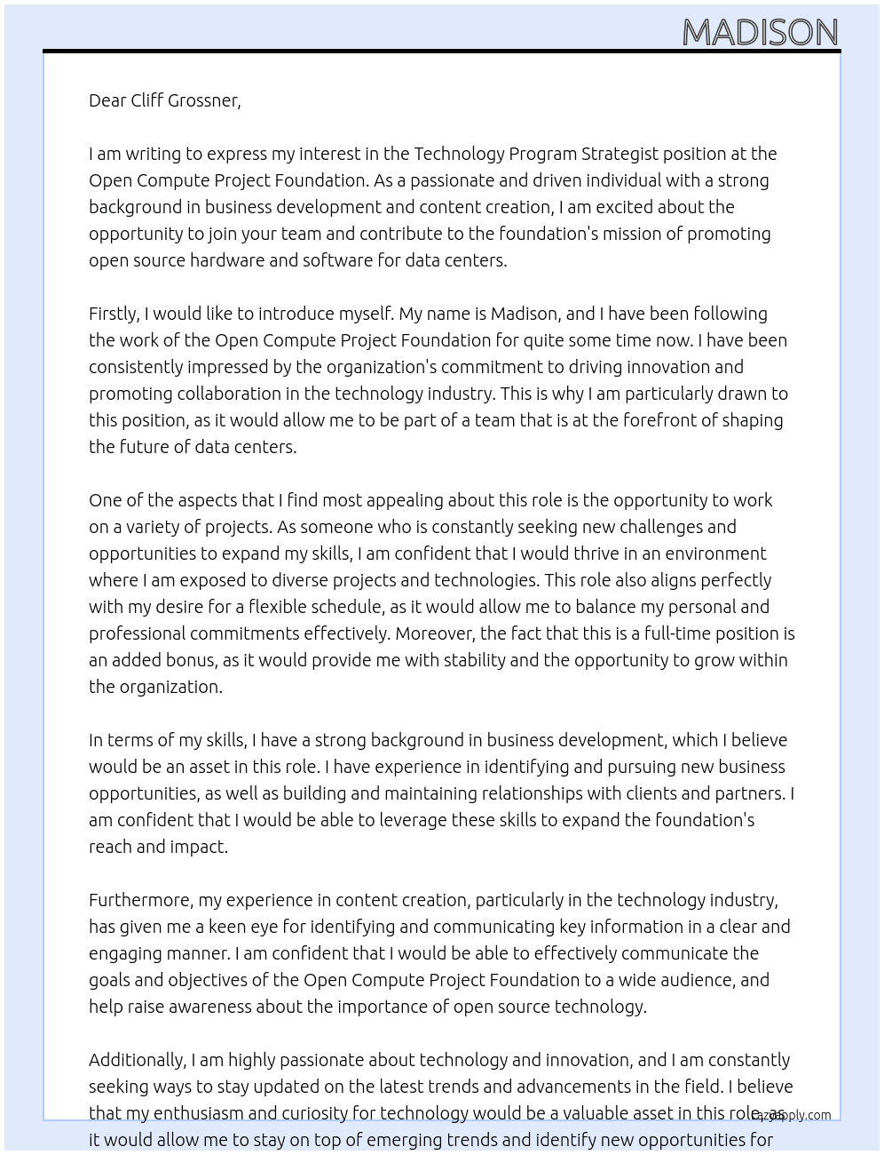 Technology Program Strategist At Open Compute Project Foundation Cover Letter