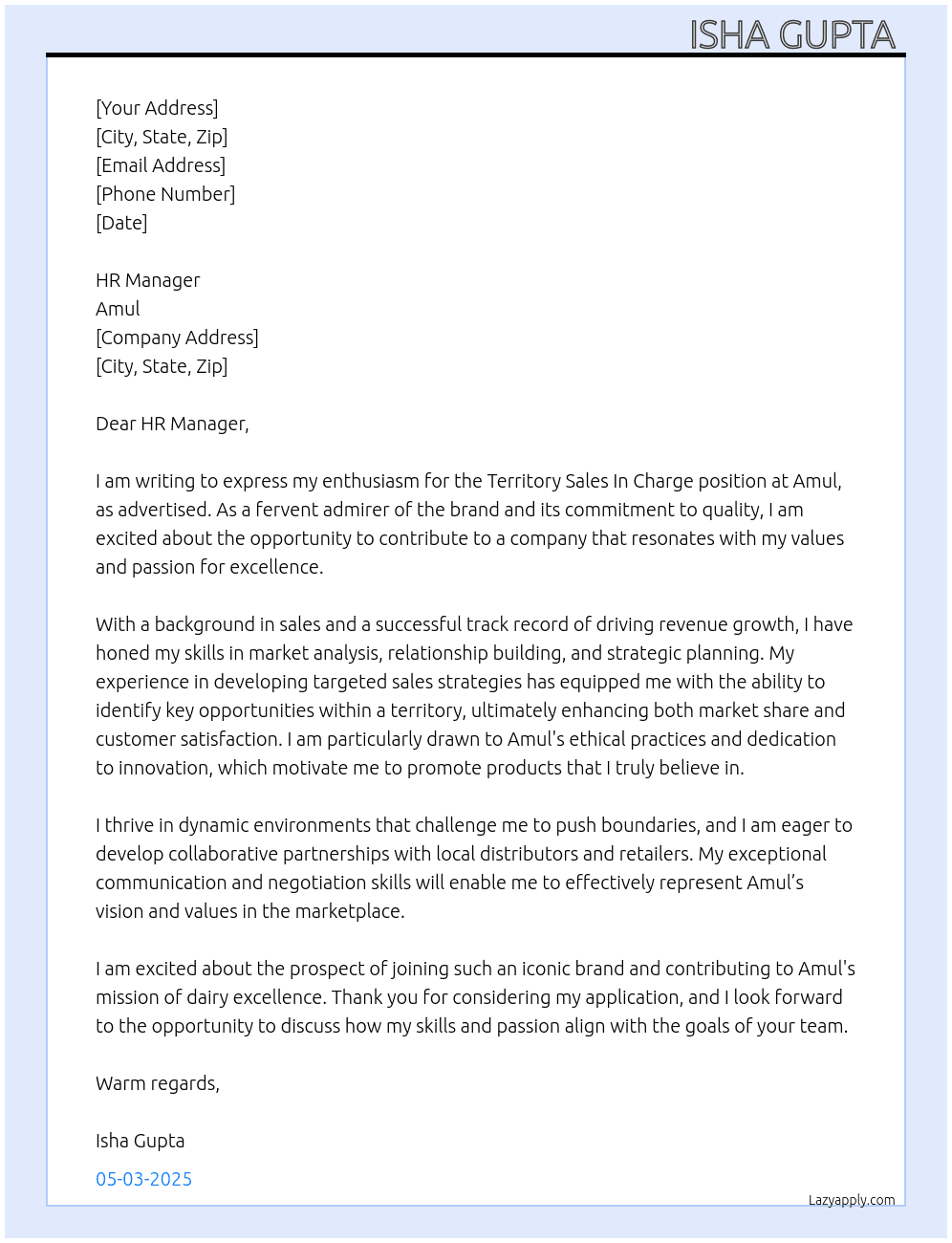 Cover letter for territory sales in charge - LazyApply