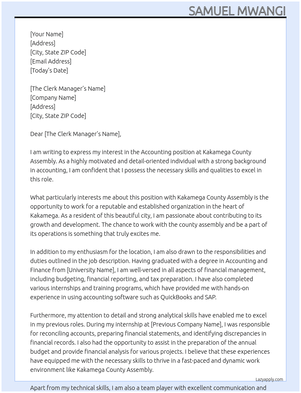 Accounting  At Kakamega county assembly, Cover Letter