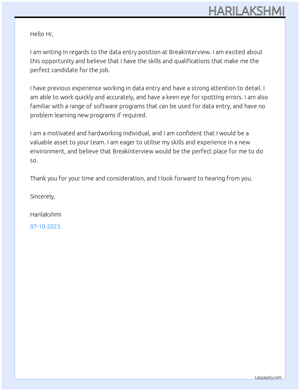 Data entry  At Breakinterview Cover Letter