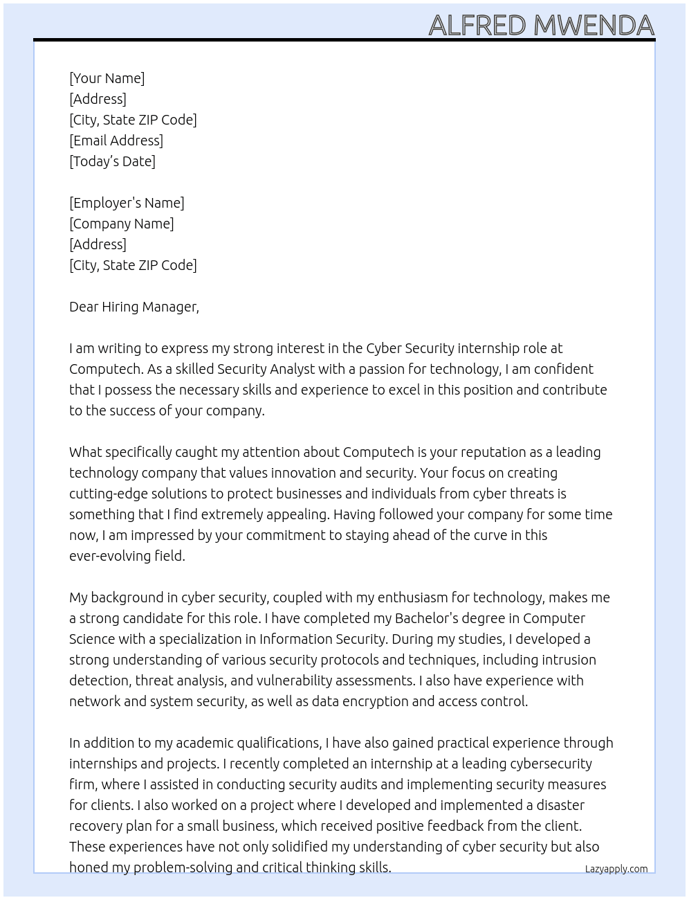 Cyber security At computech Cover Letter