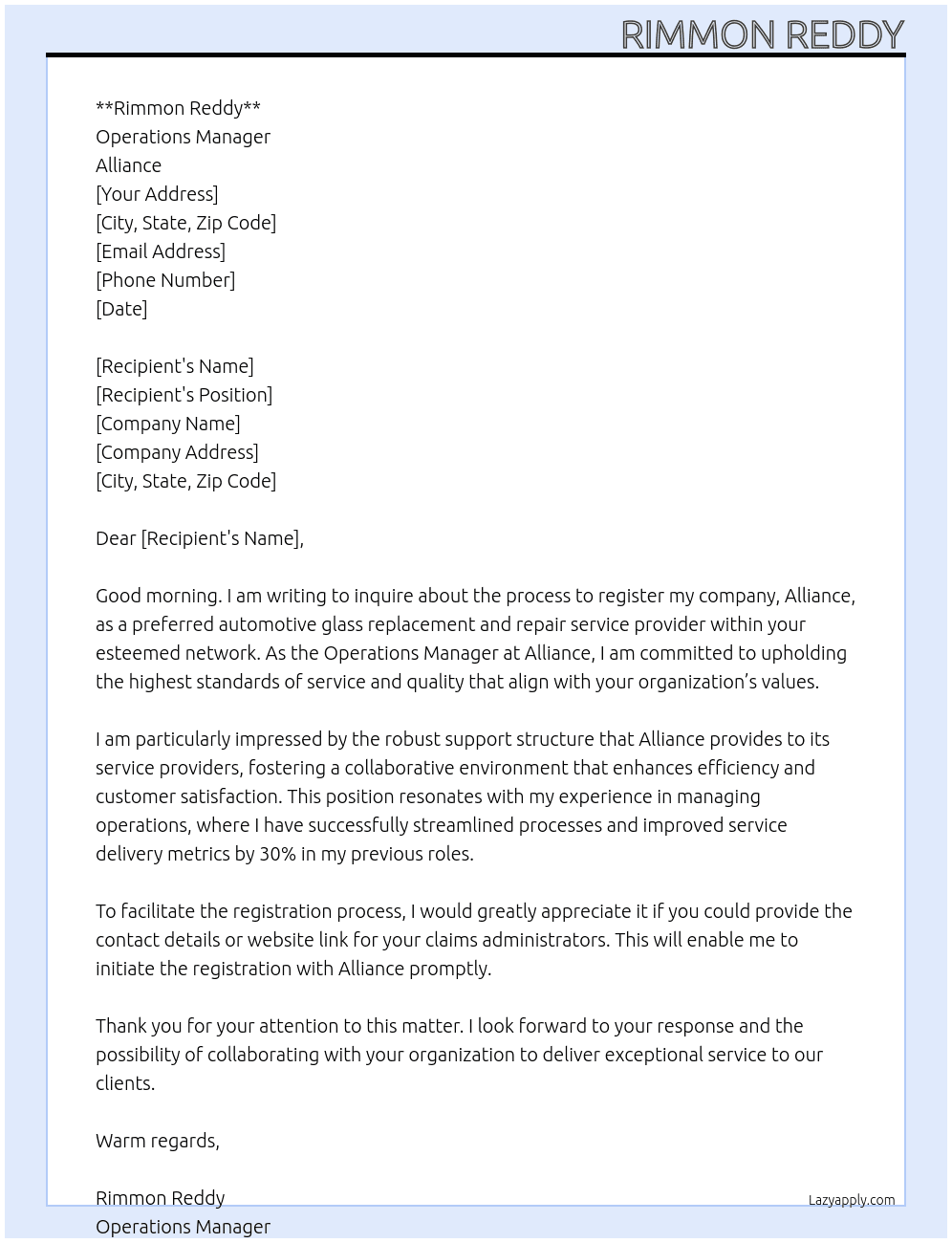 opertions manager At Aliance Cover Letter