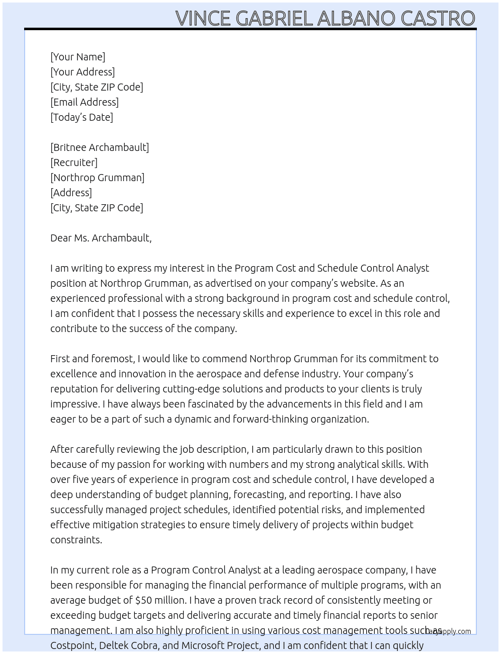 Program Cost and Scheudule Control Analyst At Northrop Grumman Cover Letter
