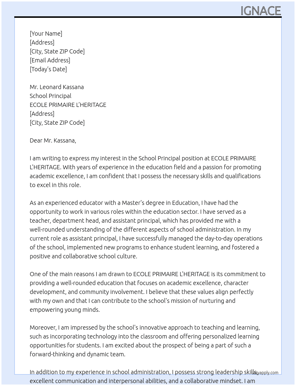 School Principal At ECOLE PRIMAIRE L’HERITAGE Cover Letter