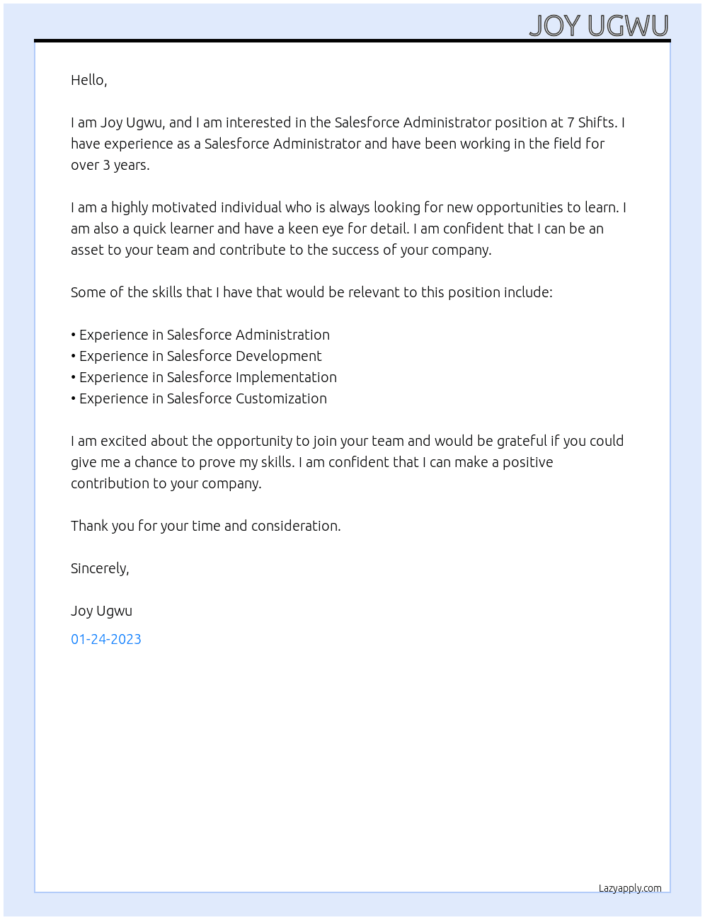 Salesforce Administrator At 7 Shifts Cover Letter