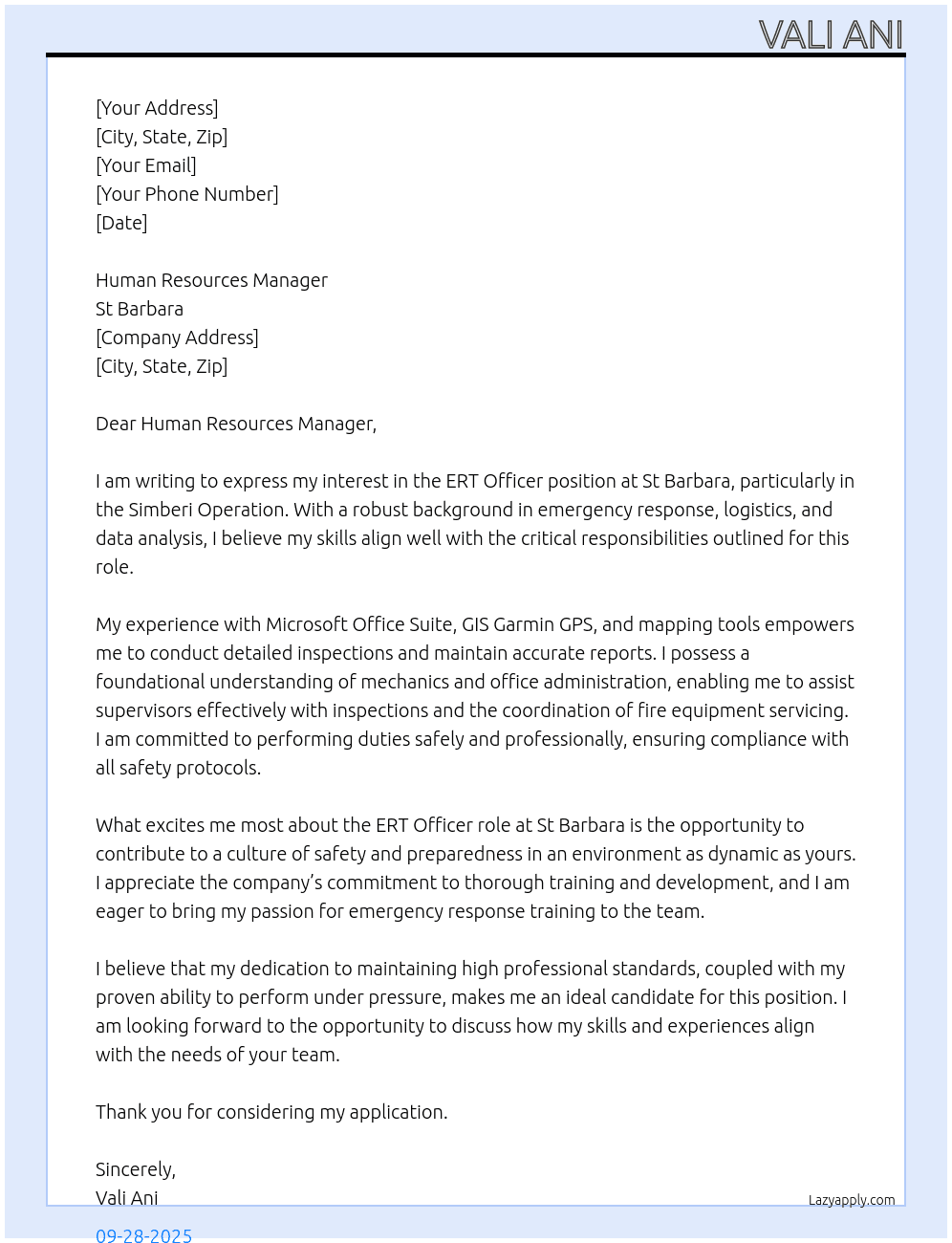ERT Officer At St Barbara Cover Letter