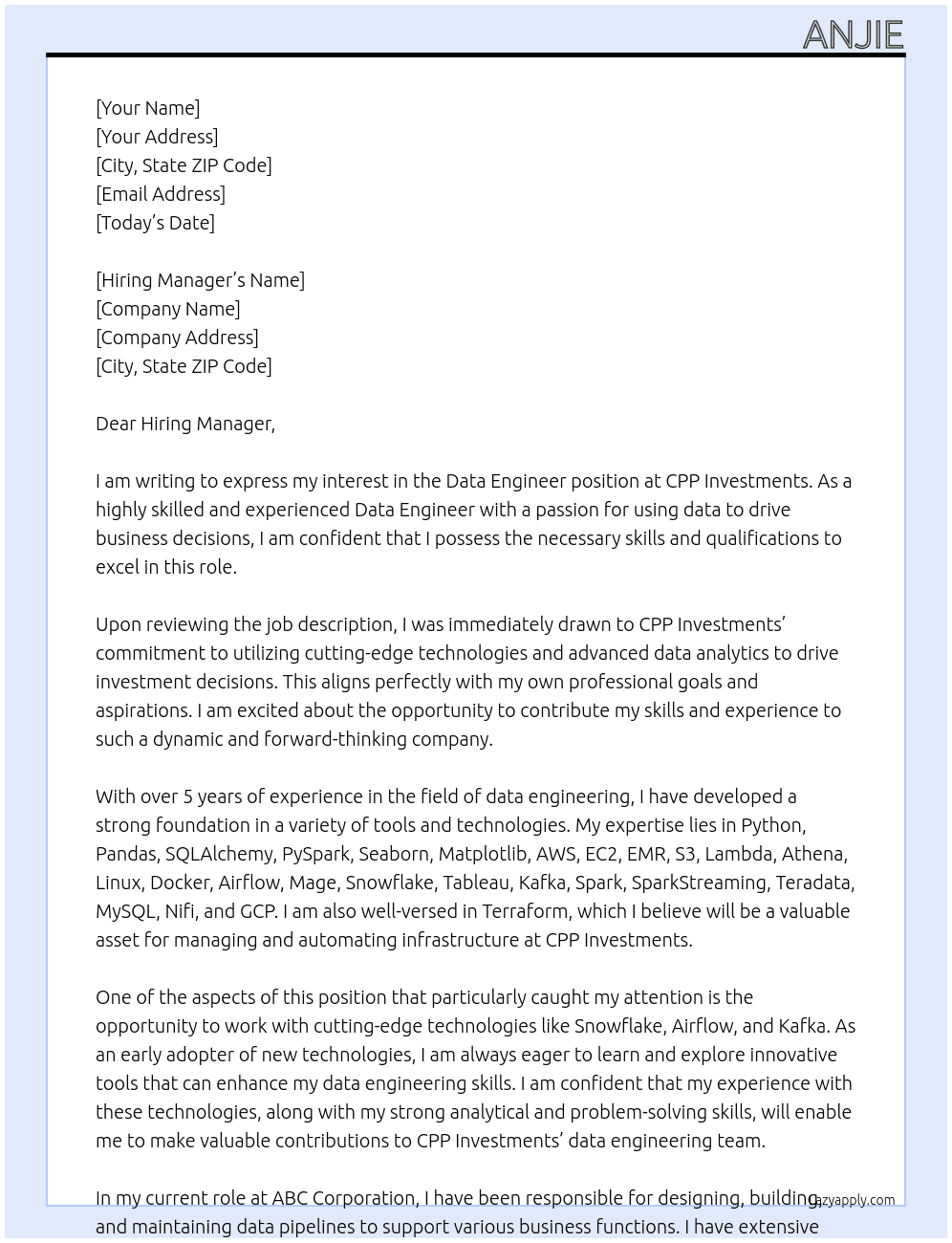 Data Engineer At CPP Investments Cover Letter