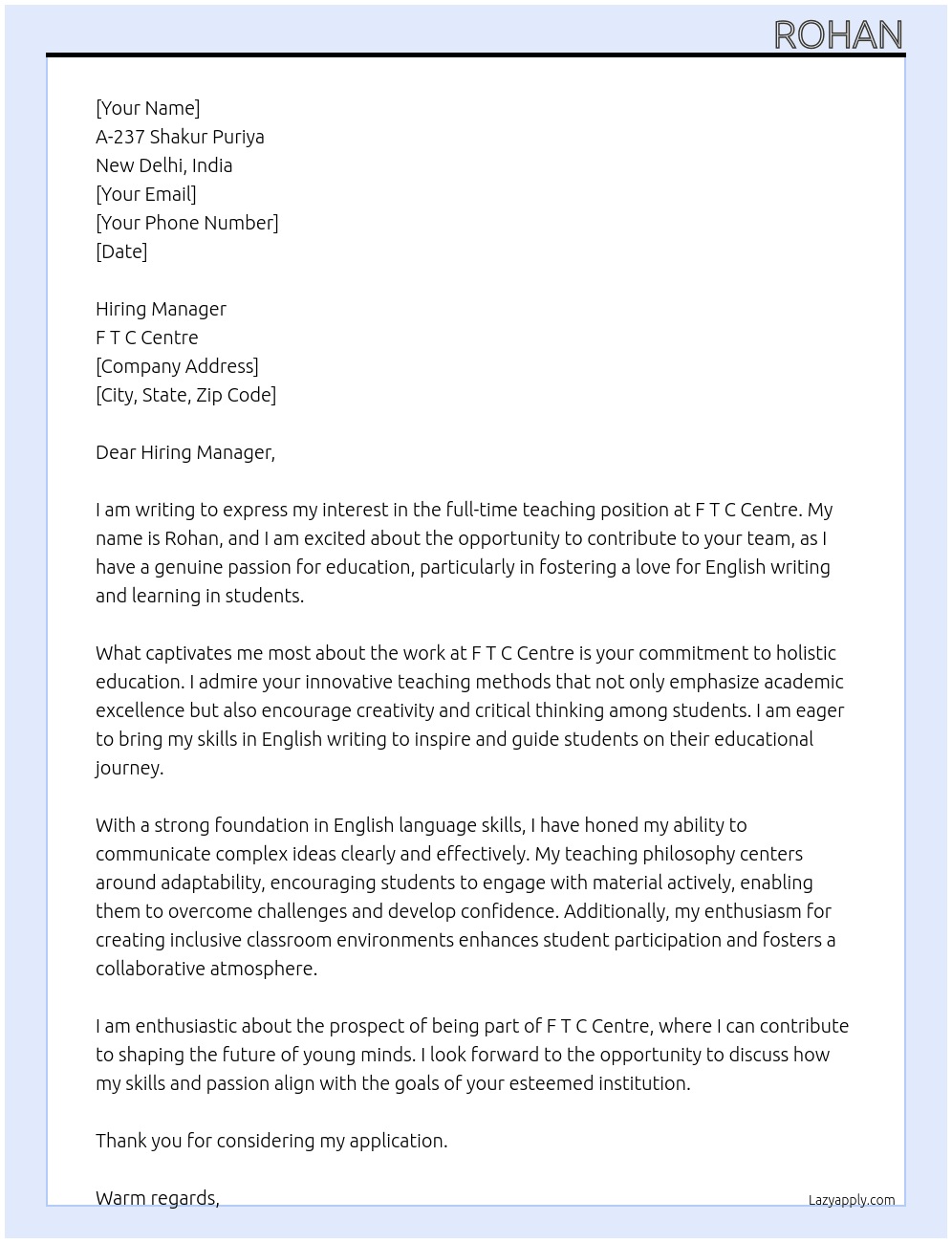 Teaching  At F T C Centre Cover Letter