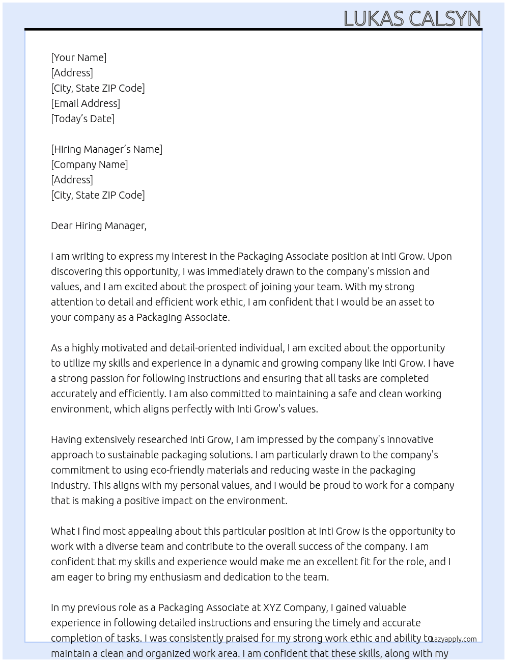 Packaging Associate At Inti Grow Cover Letter