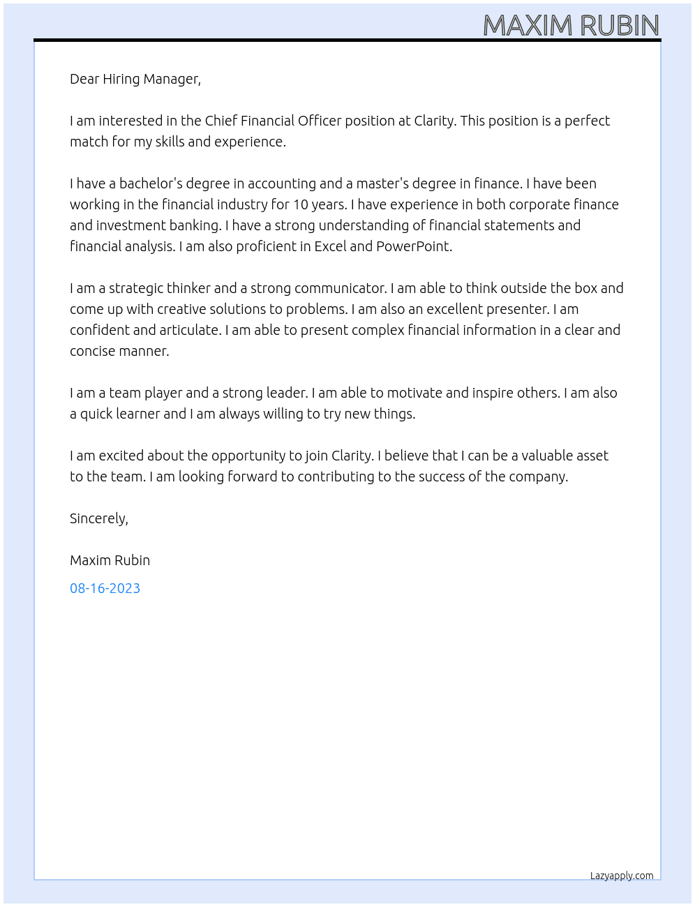 Chief Financial Officer At Clarity Cover Letter