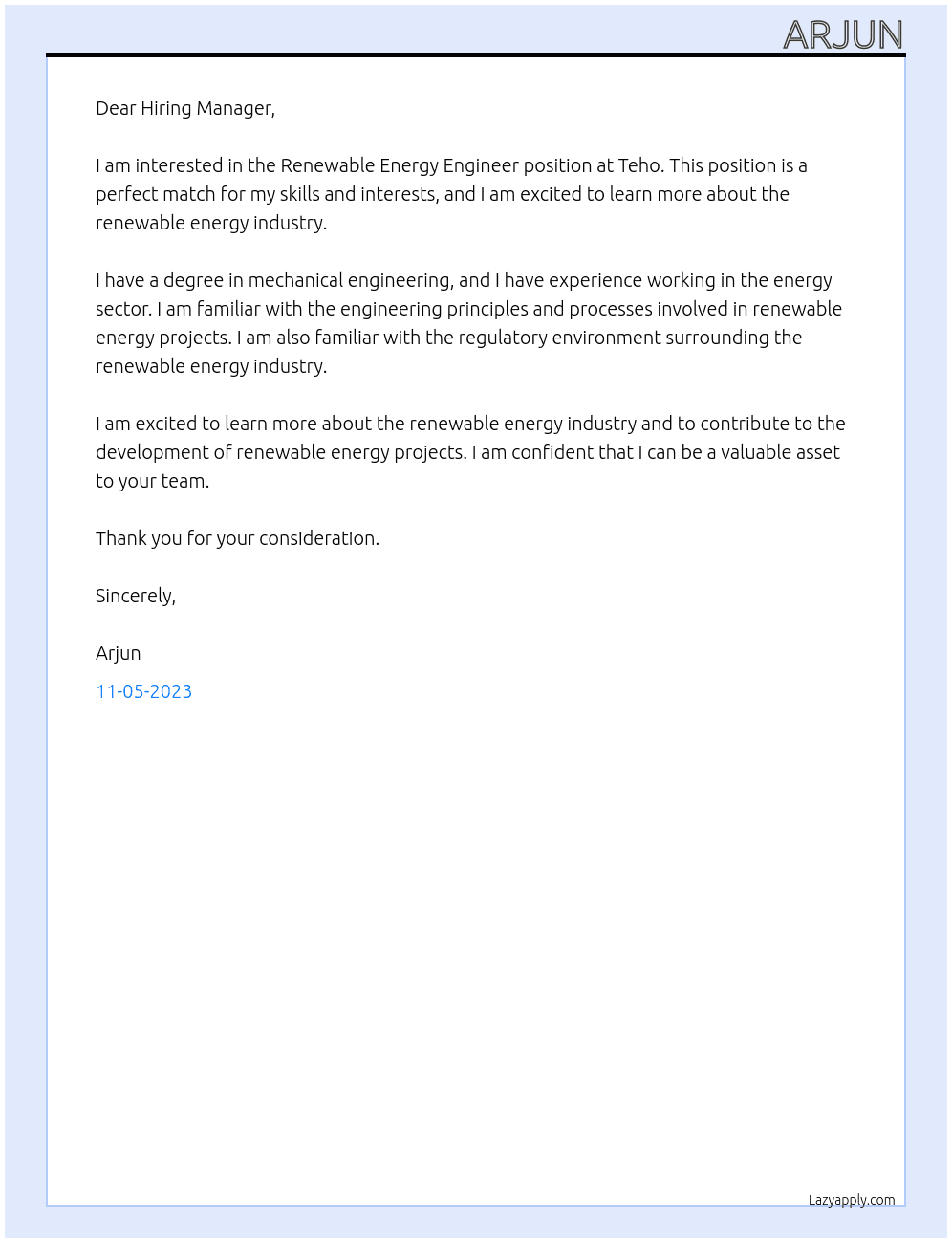 Renewable Energy Engineer At Teho Cover Letter