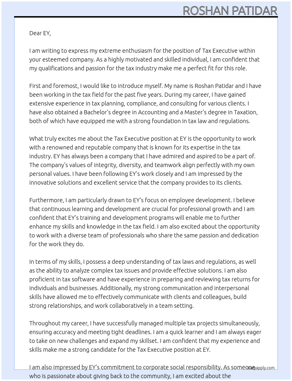 Tax Executive At EY Cover Letter