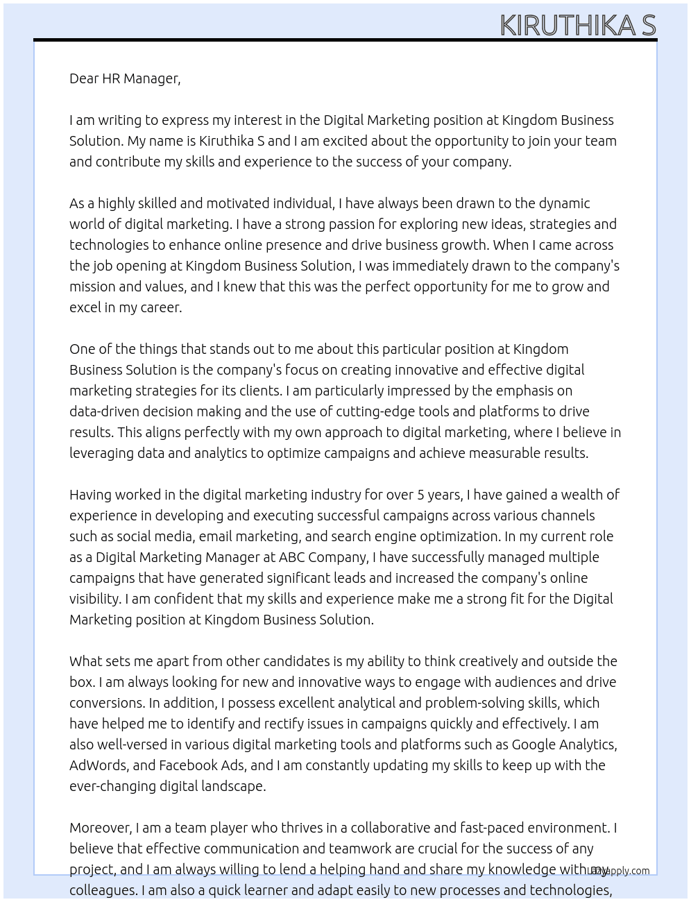 Digital marketing  At Kingdom Business solution Cover Letter