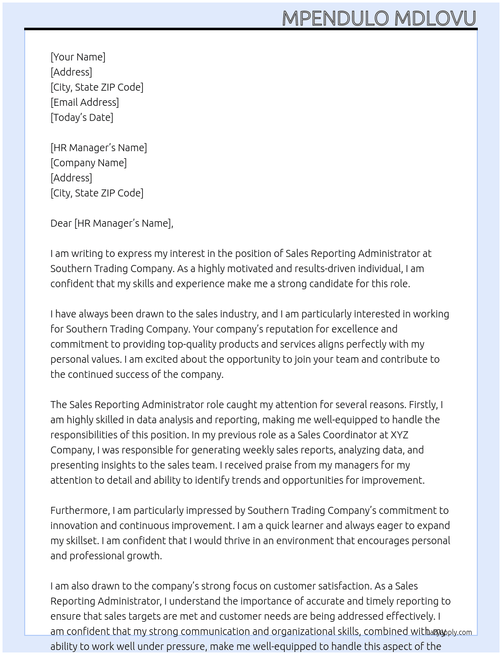 Sales Reporting Administrator At Southern Trading Company Cover Letter