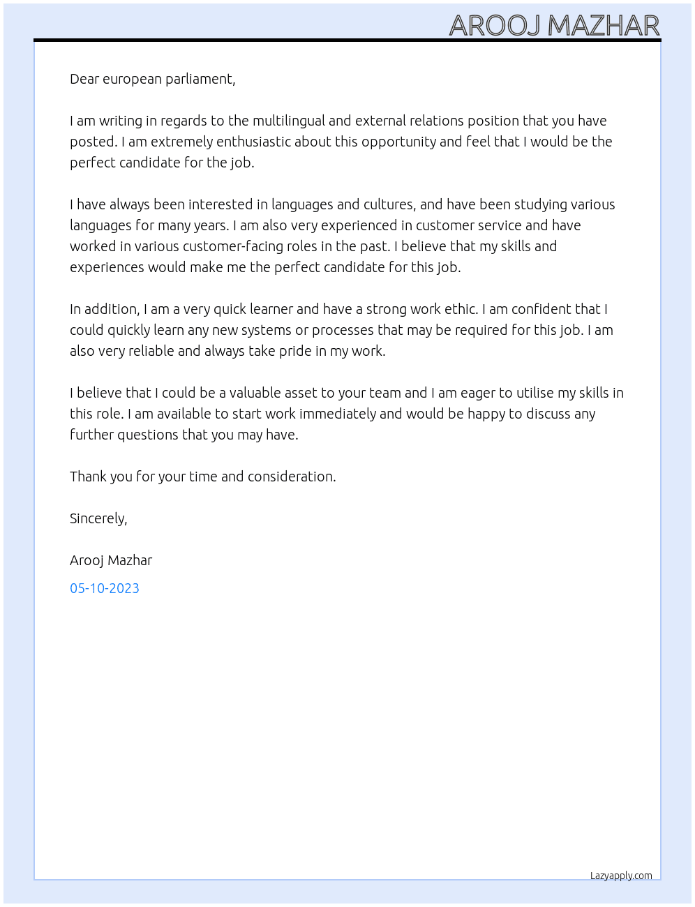 multilingual and external relations  At europeon parliament  Cover Letter