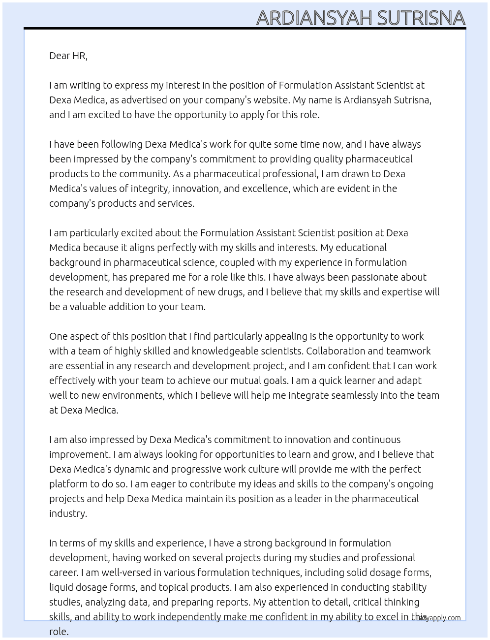 Formulation Assistant Scientist At Dexa Medica Cover Letter