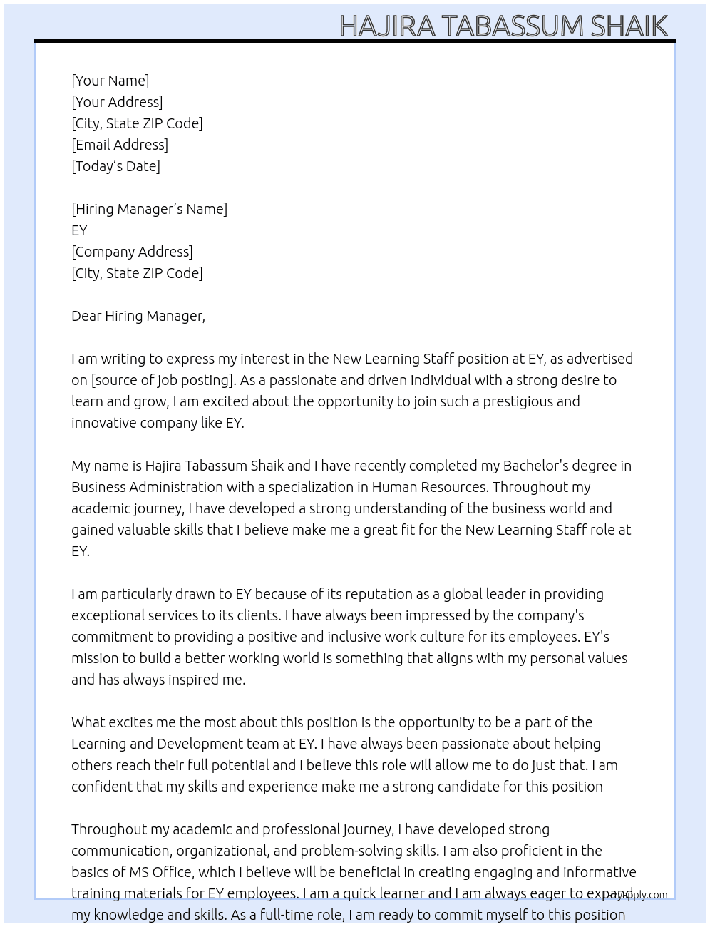 Cover letter for new learning staff - LazyApply