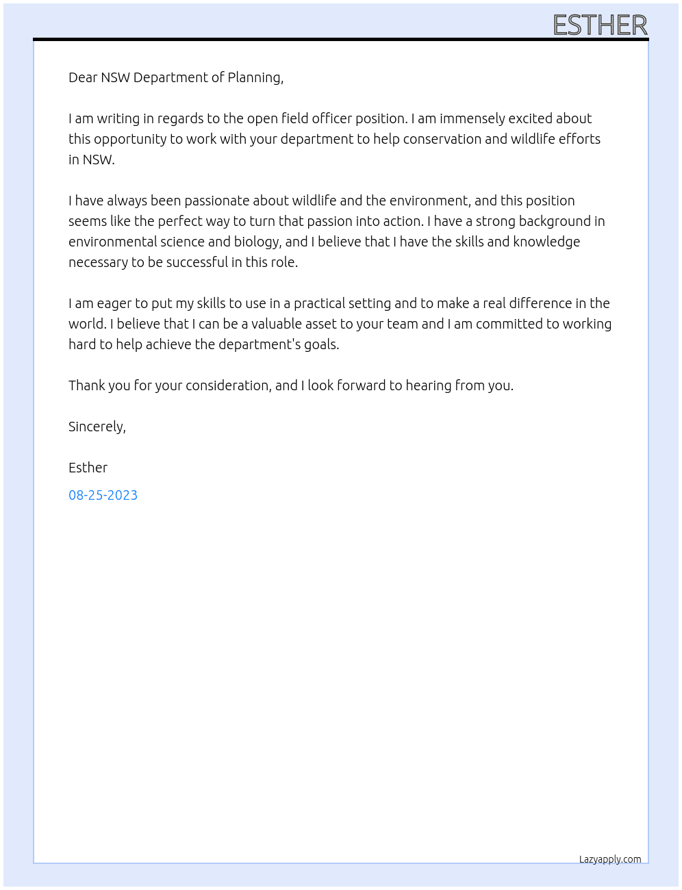 Field officer At NSW department of planning Cover Letter