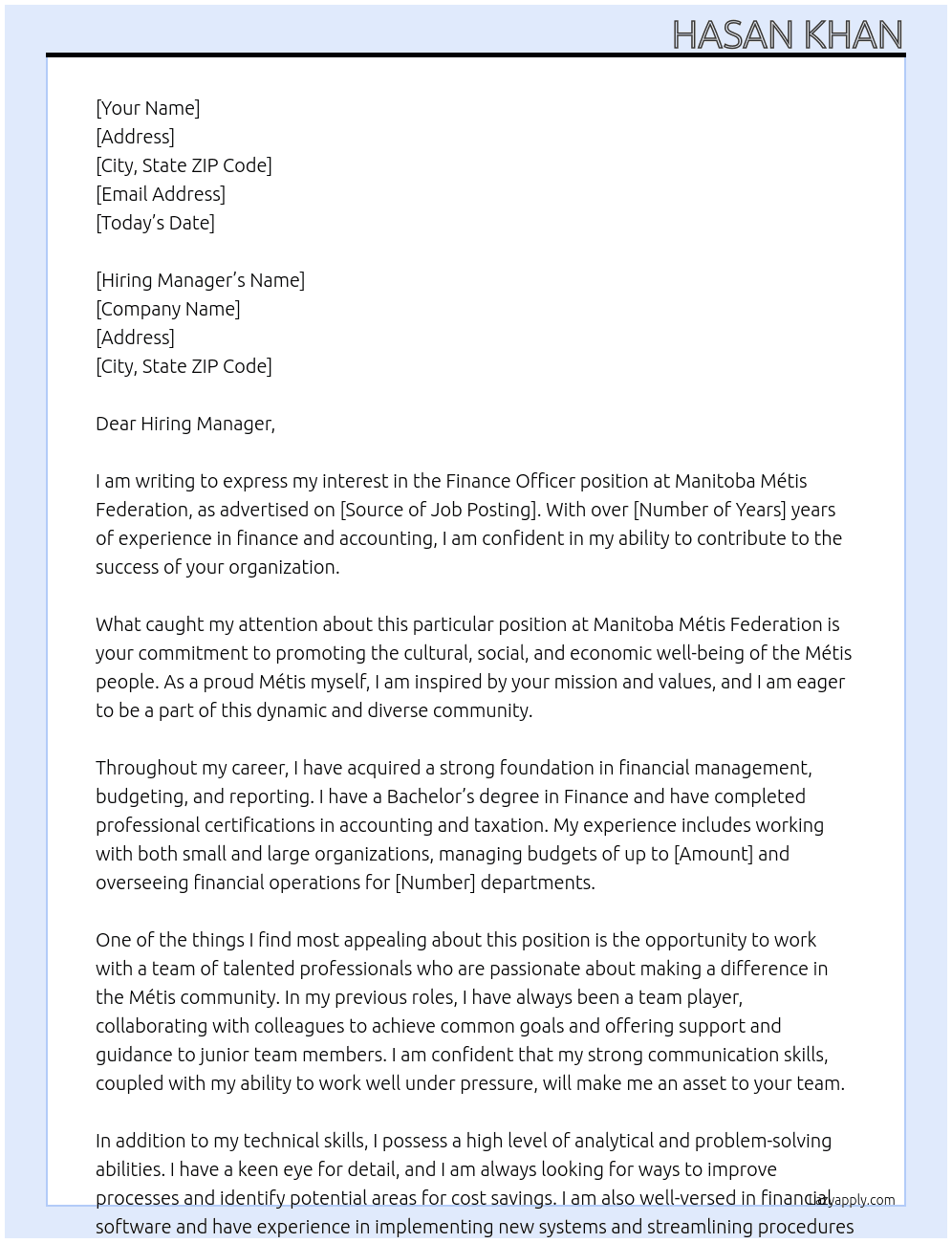 Finance Officer At Manitoba Métis Federation  Cover Letter