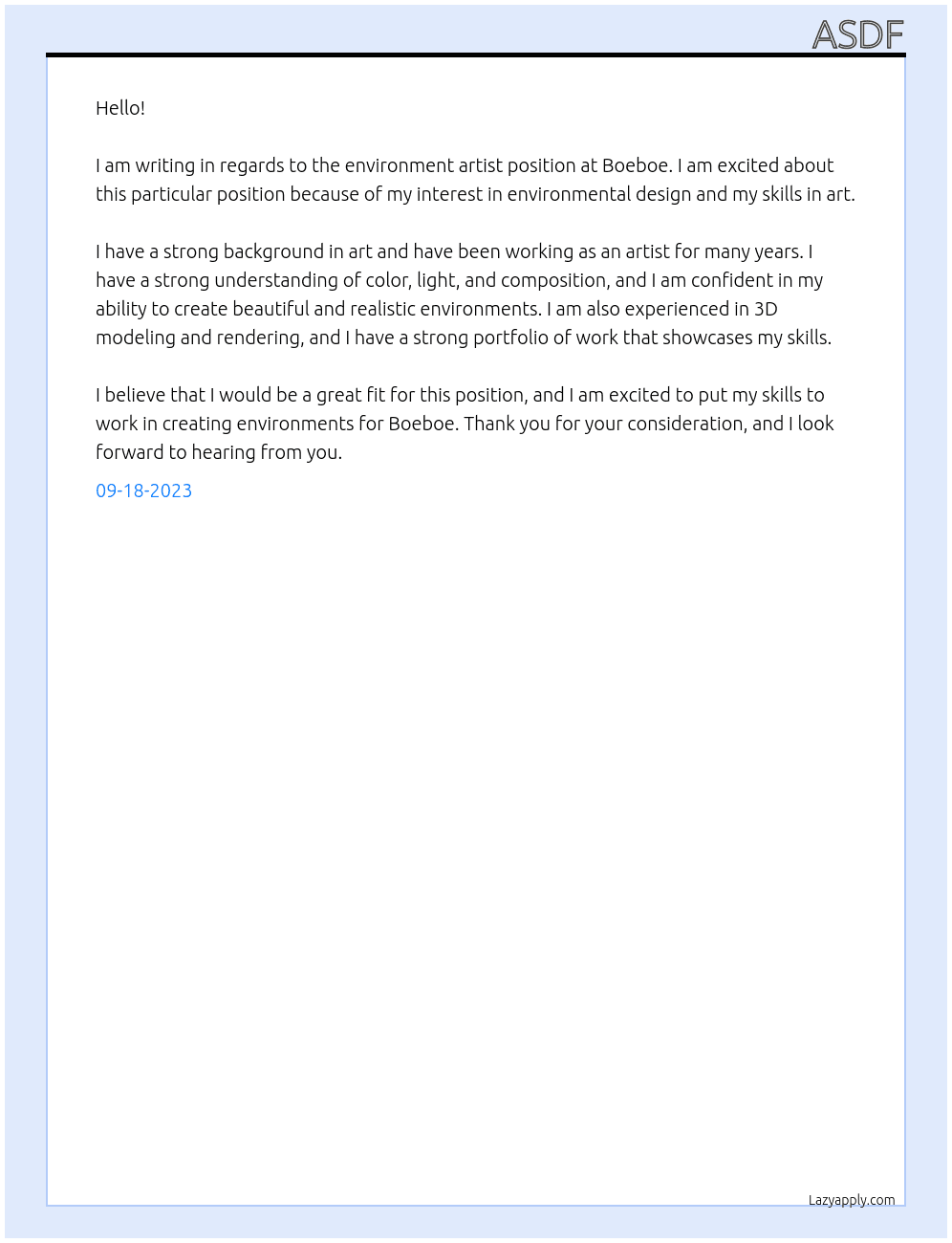 environment artist At boeboe Cover Letter