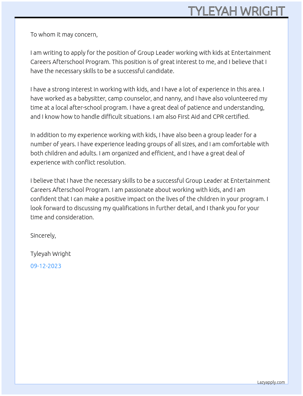 Group Leader working with kids At Entertainment Careers Afterschool Program  Cover Letter