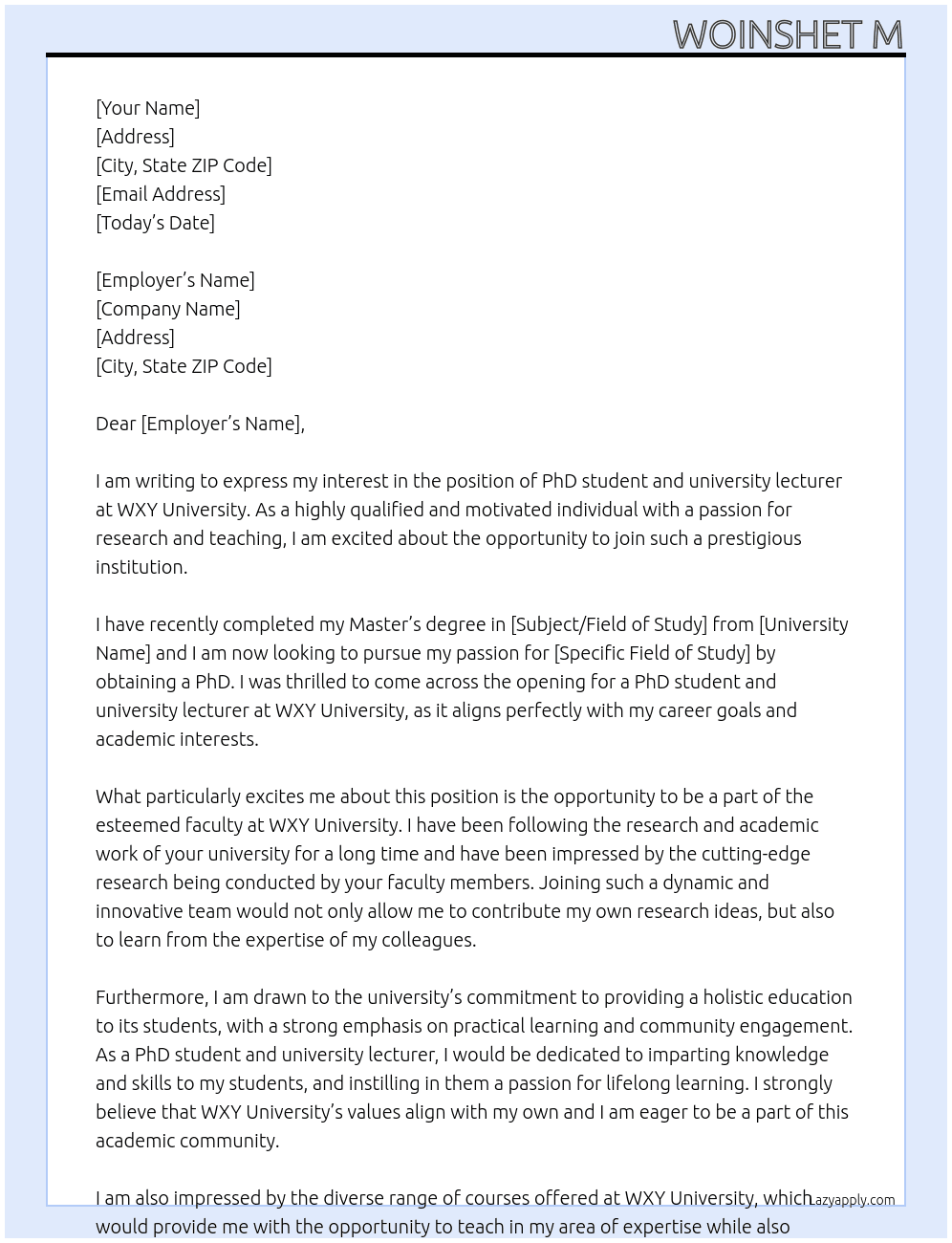 *PhD student and university lecturer At wxy university Cover Letter