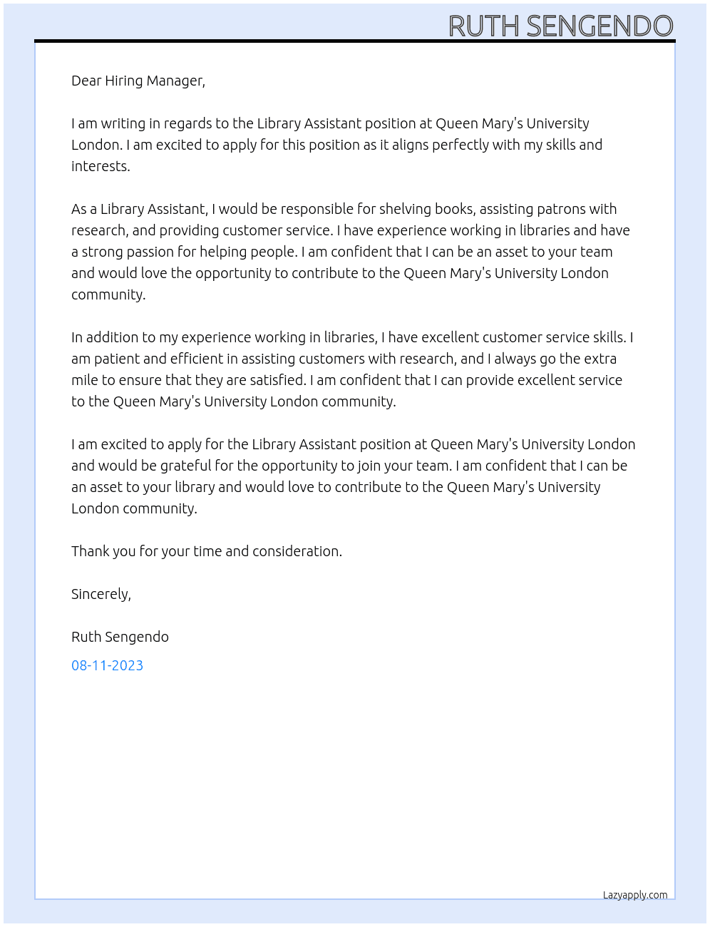 Library assistant  At Queen Mary's University London Cover Letter