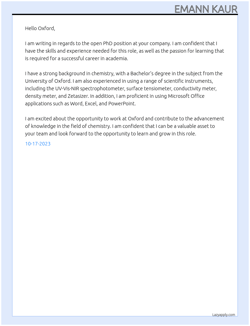 PhD At Oxford Cover Letter