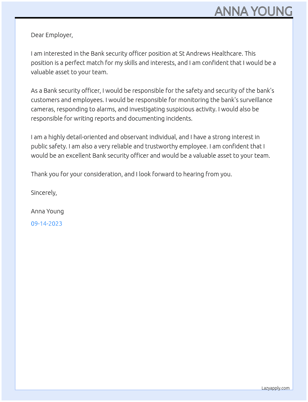 Bank security officer  At St Andrews Healthcare Cover Letter