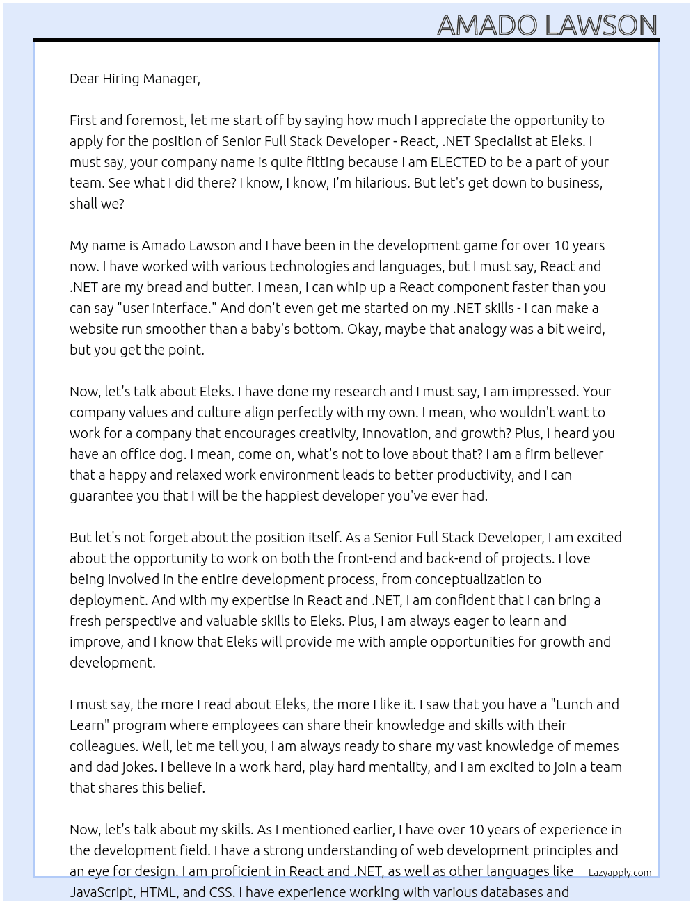 Senior Full Stack Developer -  React, .NET Specialist At Eleks Cover Letter
