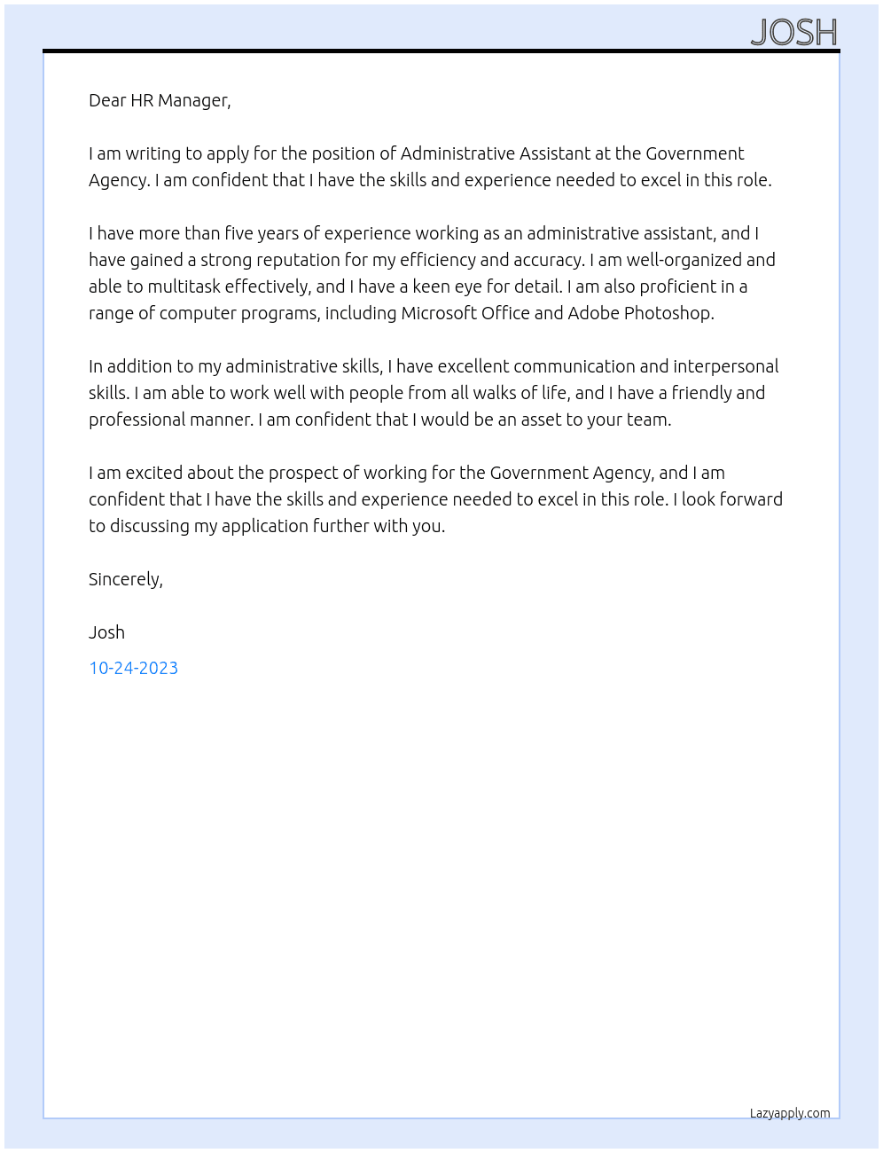 ADMINISTRATIVE ASSISTANT At GOVERNMENT AGENCY Cover Letter