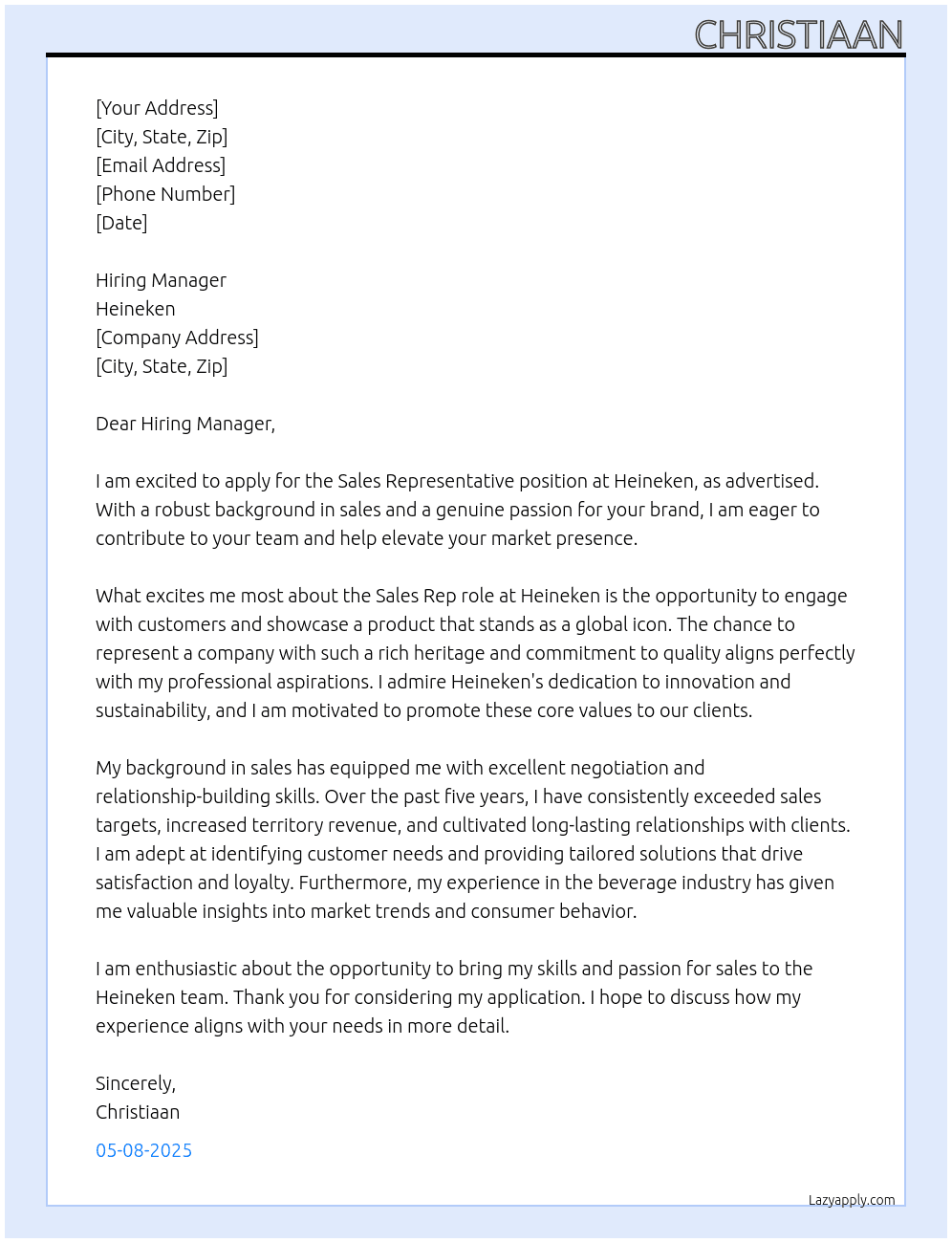Sales rep At heineken Cover Letter