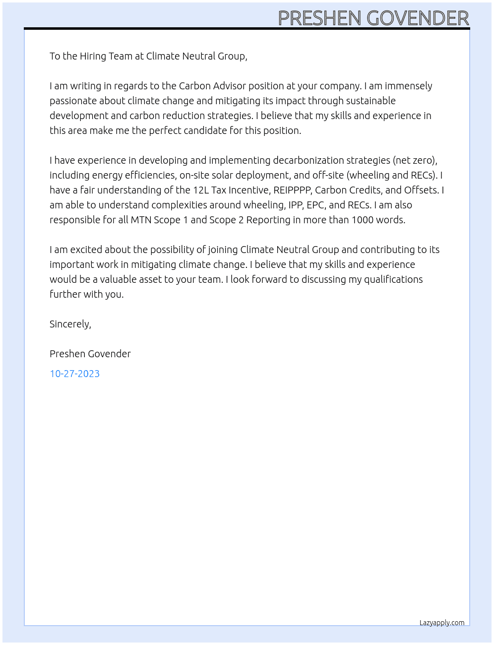 Carbon Advisor At Climate Neutral Grouo Cover Letter