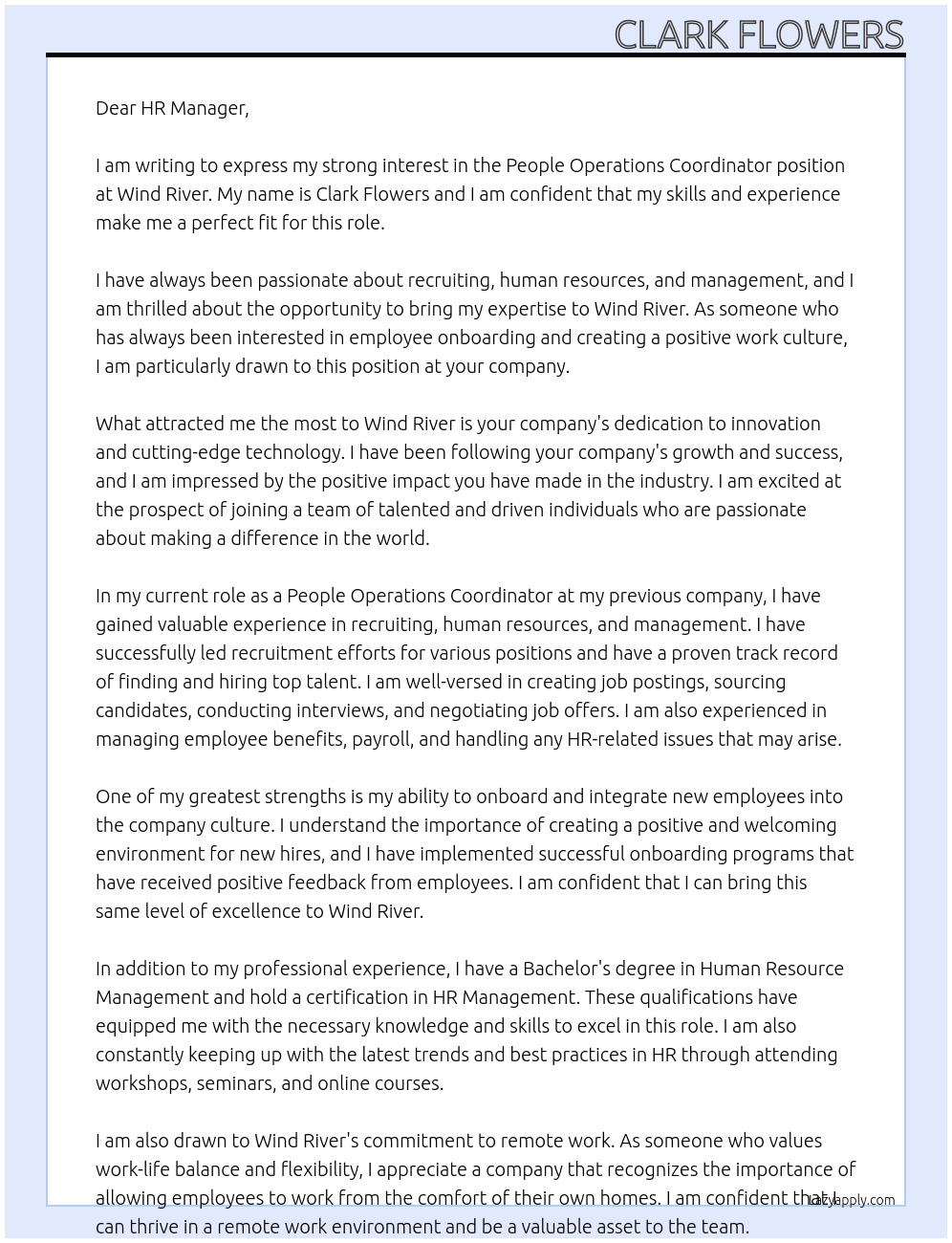 People Operations Coordinator At Wind River Cover Letter