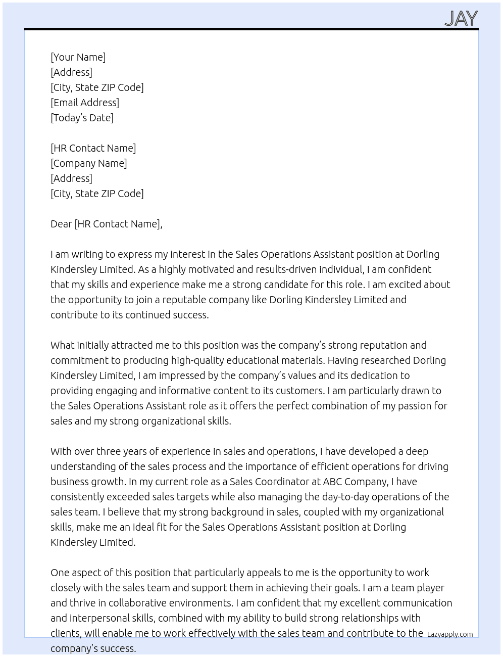 Sales operations assistant At Dorling Kindersley Limited Cover Letter