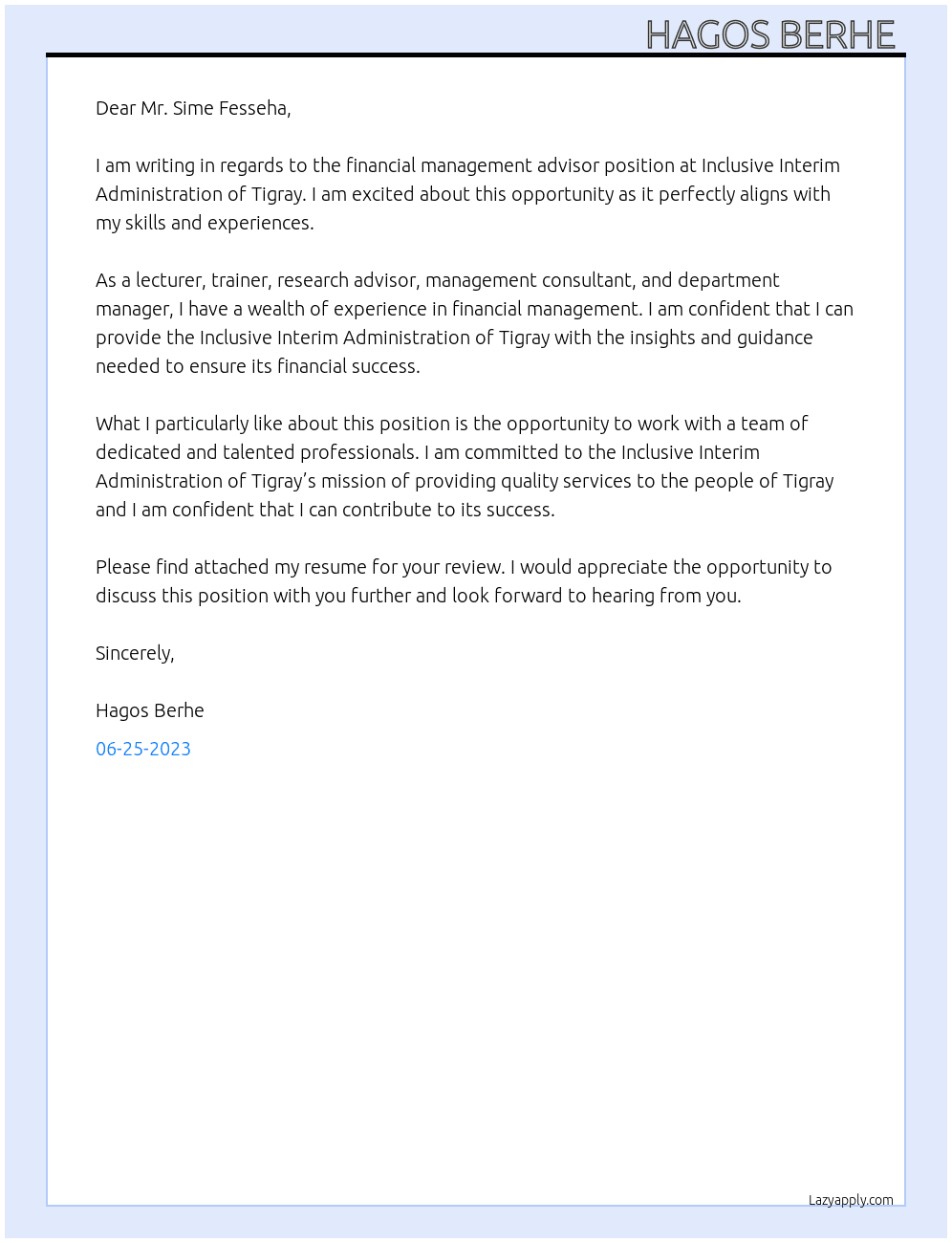 Financial management advisor  At Inclusive Interim Administration of Tigray  Cover Letter