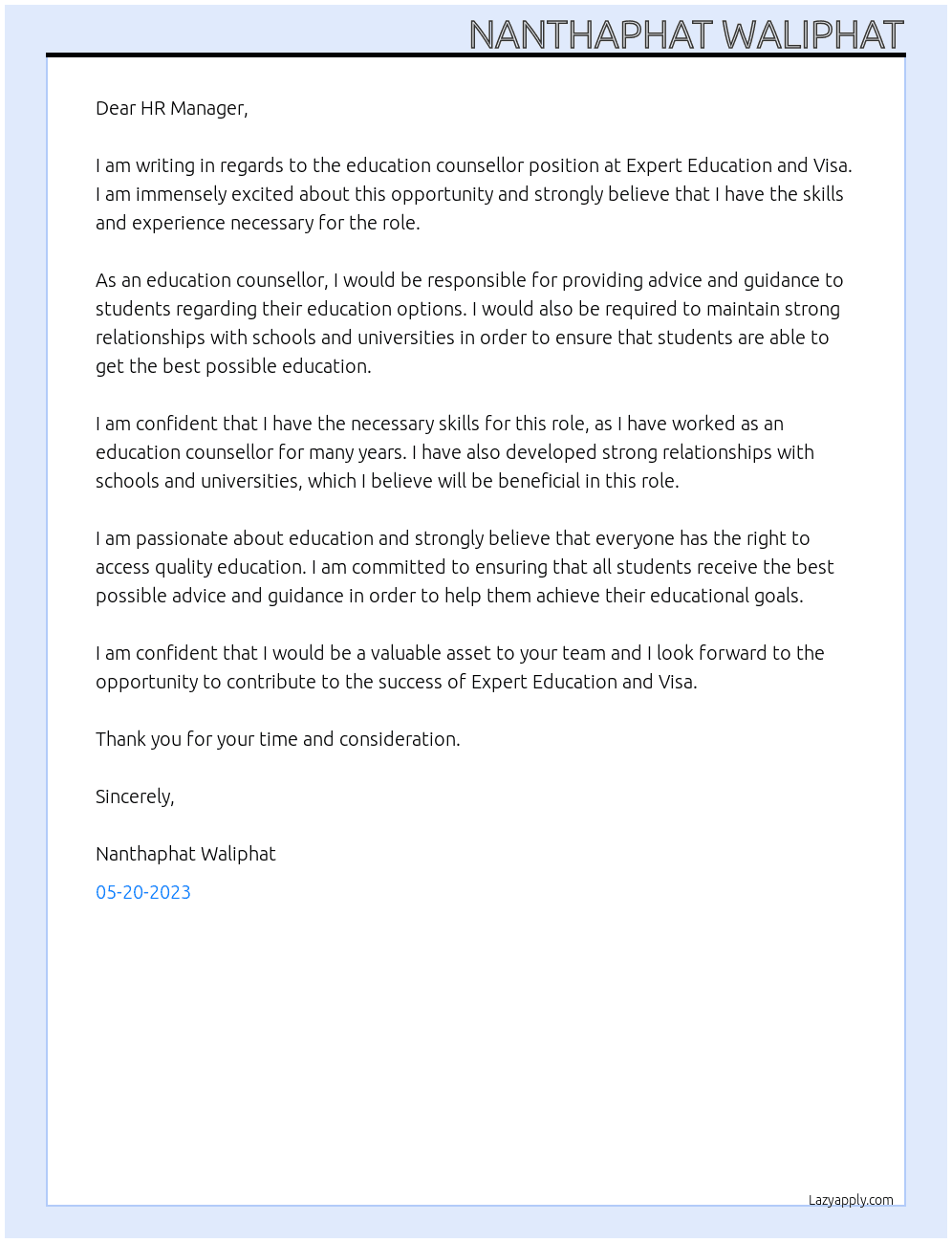 Education Counsellor At Expert Education and Visa Cover Letter