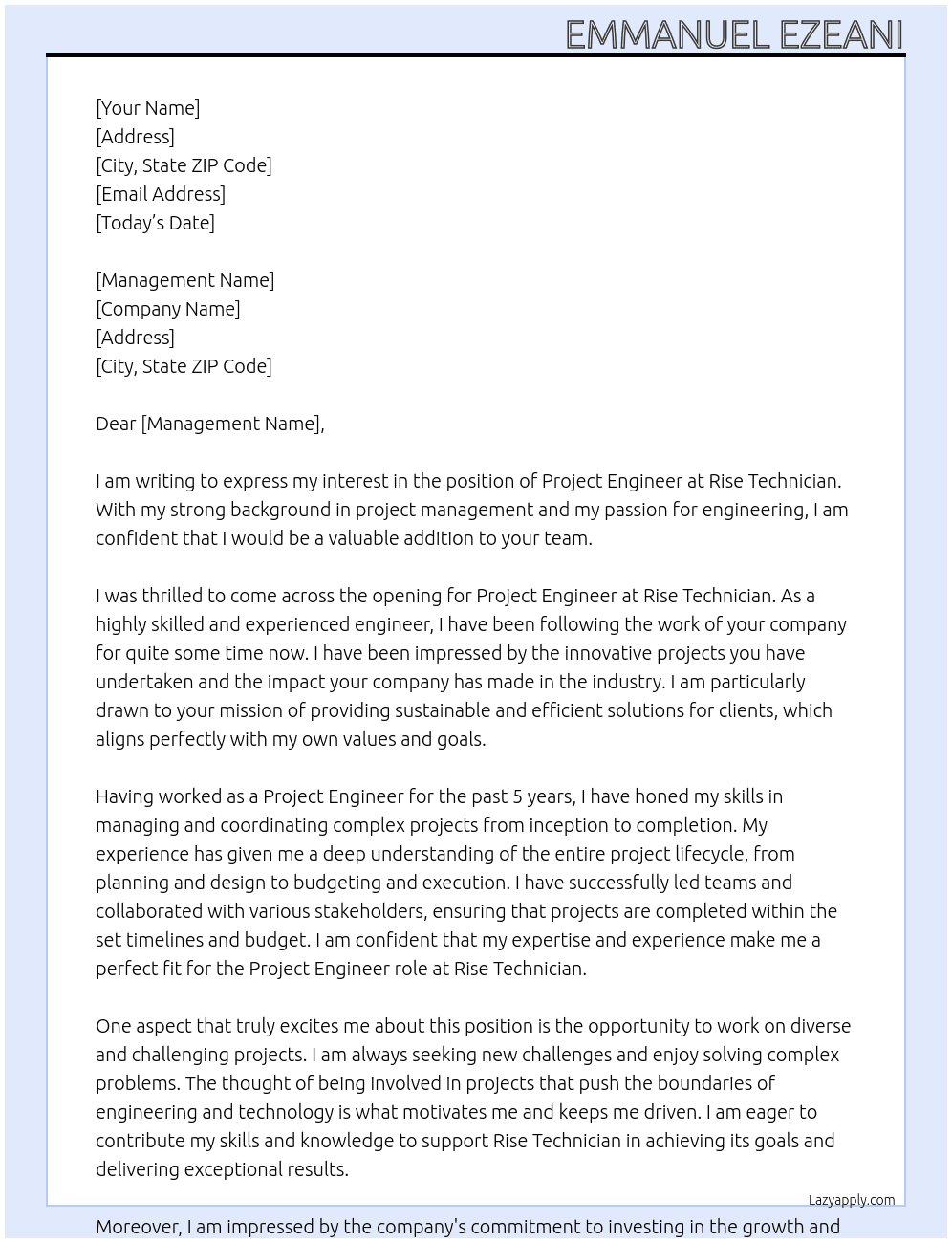 Project Engineer At Rise technician  Cover Letter