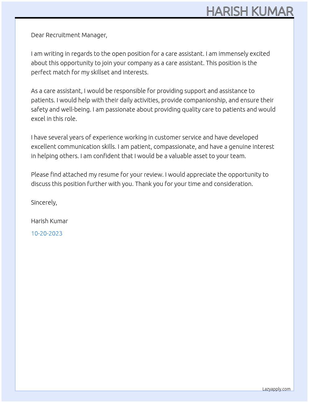 CARE ASSISTANT At CARE ASSITANT Cover Letter
