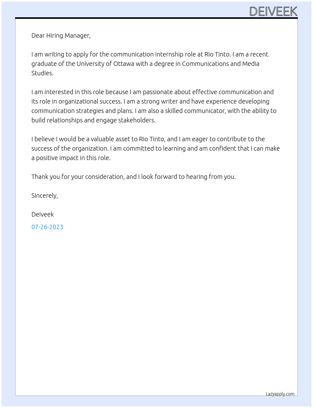 Communication At Rio Tinto Cover Letter