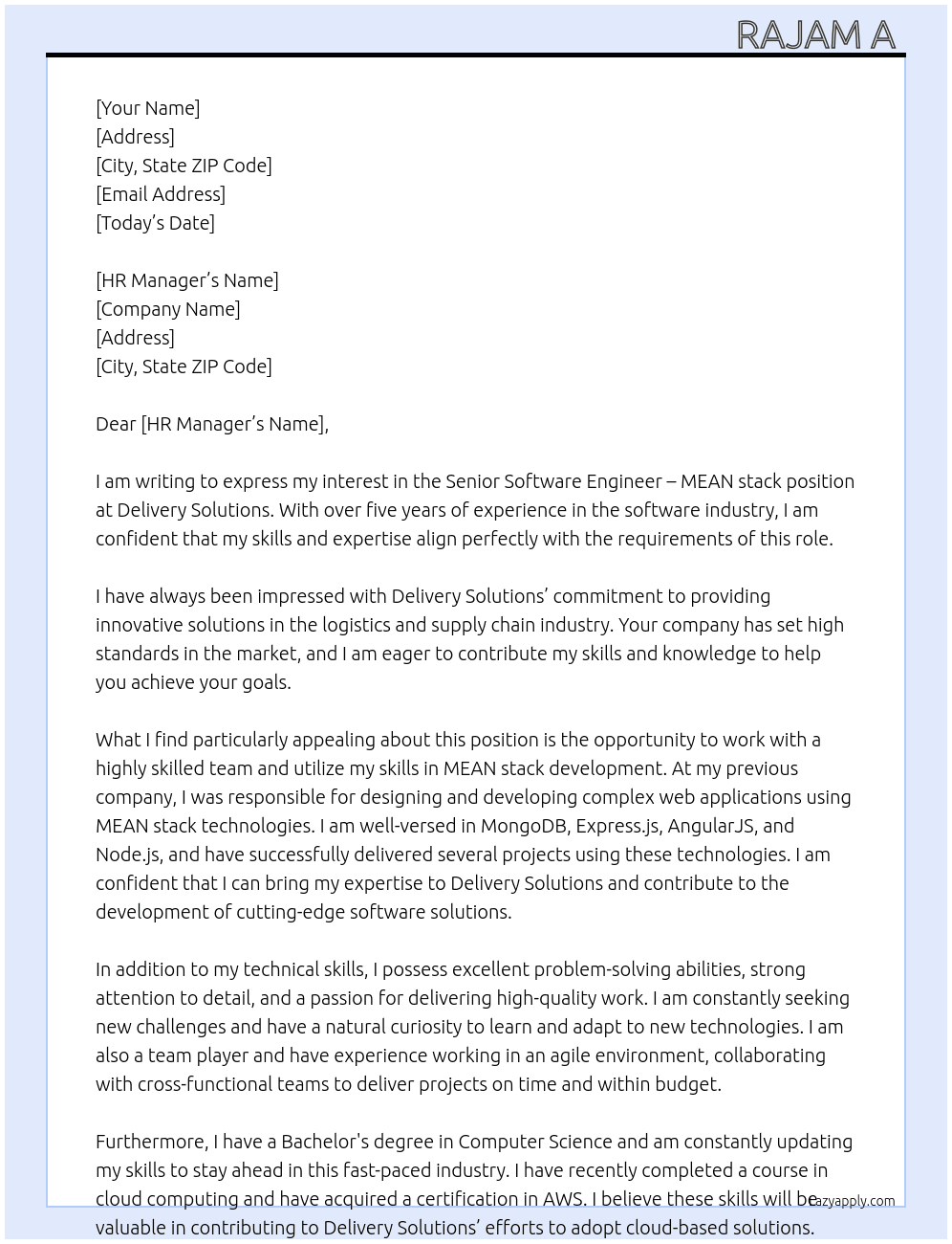 Senior Software Engineer - MEAN stack At Delivery Solutions Cover Letter