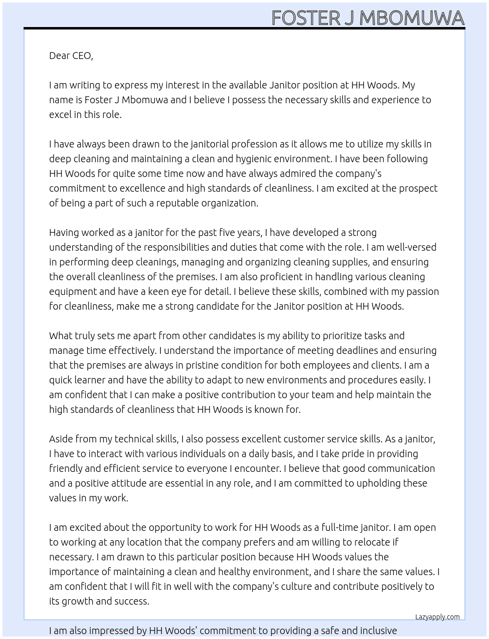 Janiter At HH Woods Cover Letter