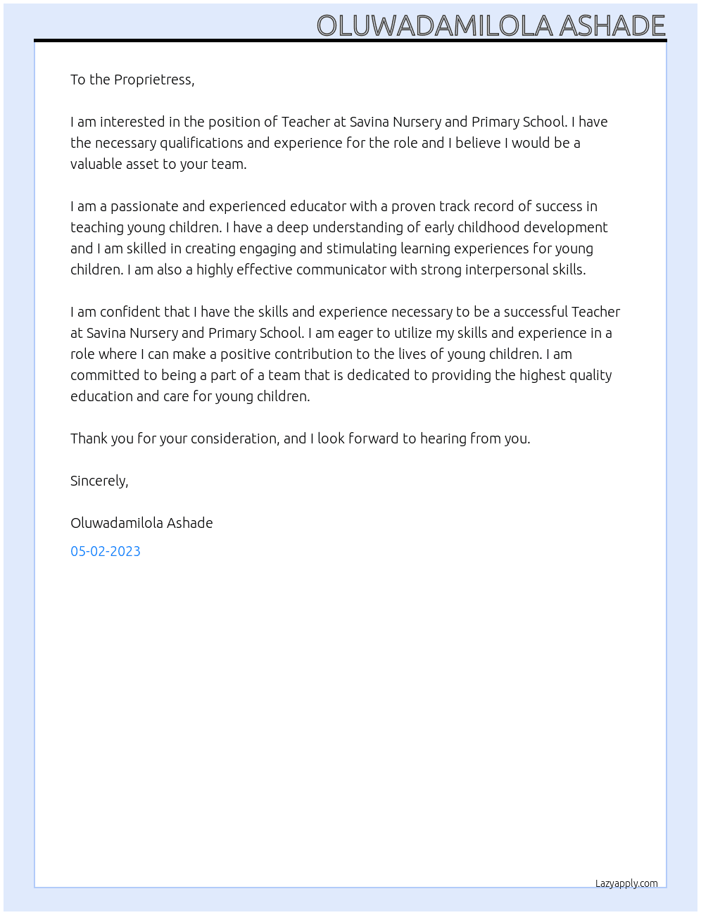 Teacher At Savina nursery and primary school Cover Letter