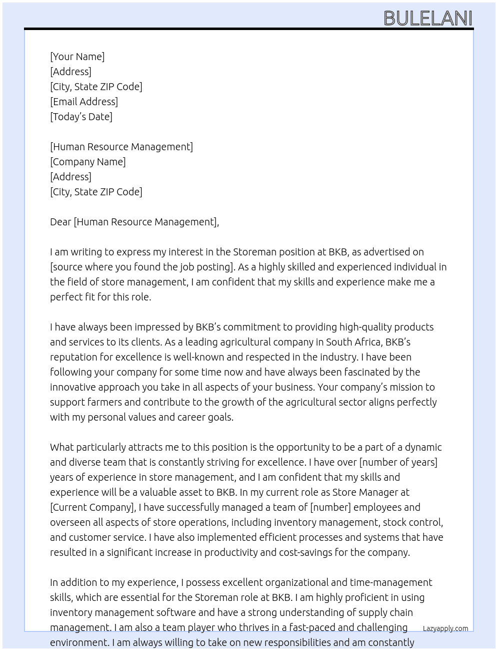 Storeman At BKB Cover Letter