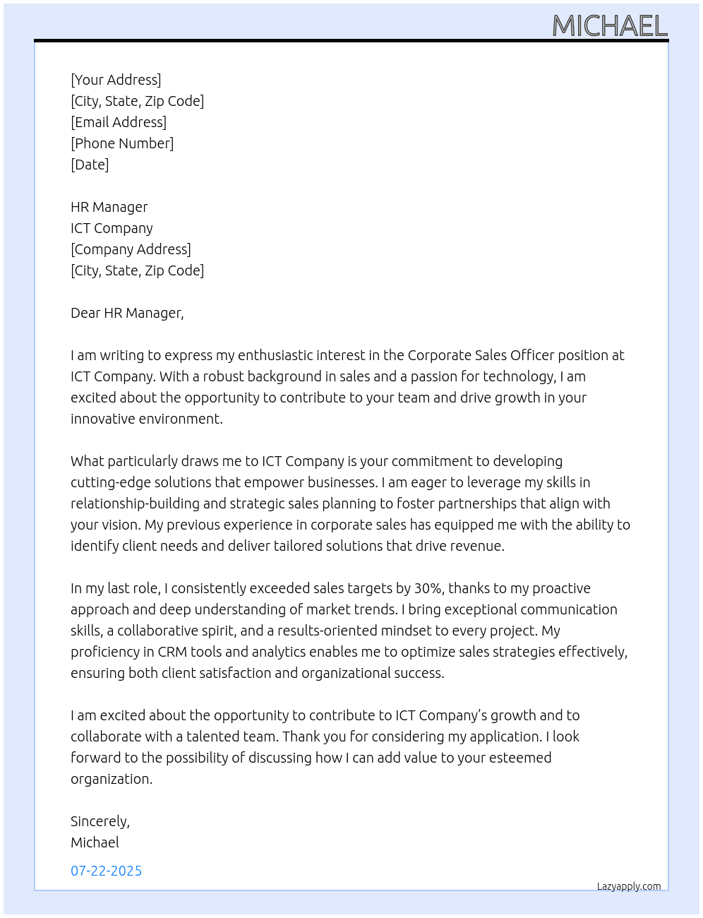 Corporate Sales Officer At ICT Company Cover Letter