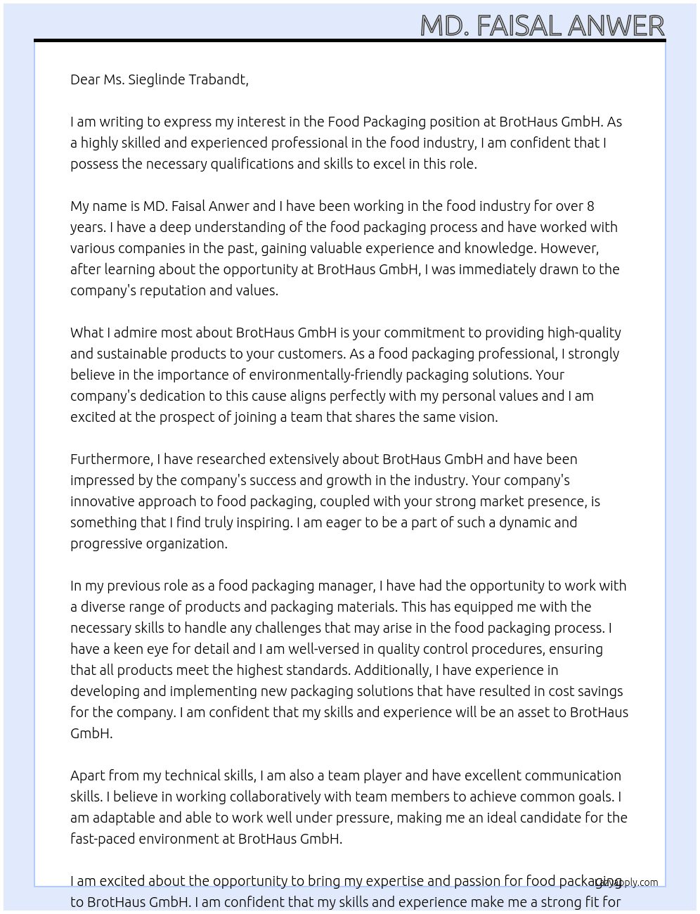 food packaging At BrotHaus GmbH Cover Letter