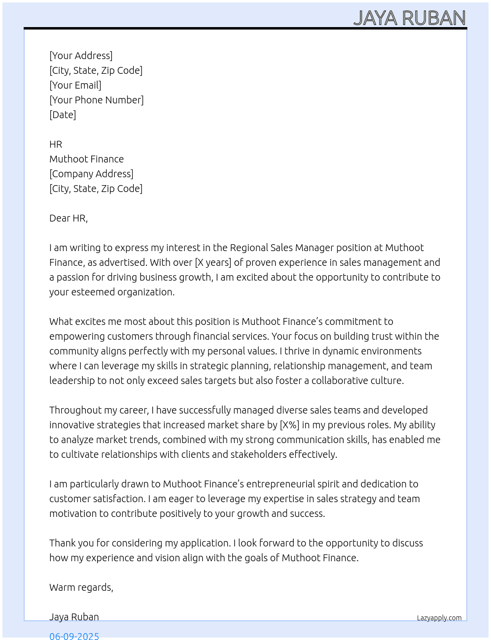 Regional sales manager At Muthoot Finance Cover Letter